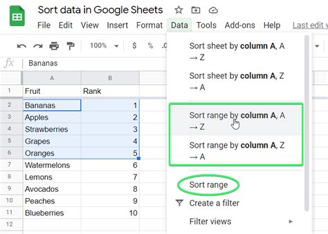 Google Sheets Sorting Data Example