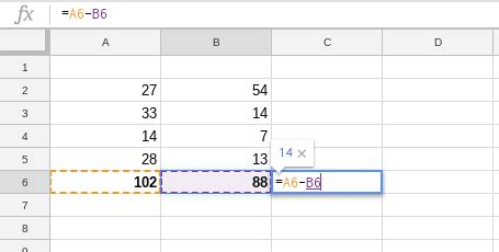 Google Sheets subtraction formula example