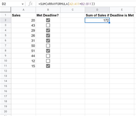 Google Sheets SUMIF checkbox checked