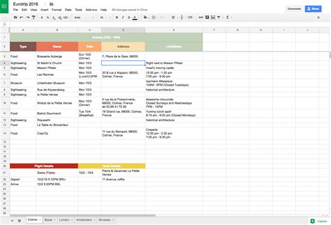 Google Sheets trip details template