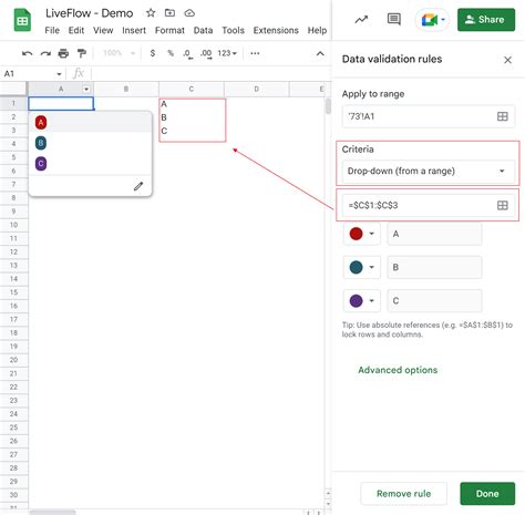 Google Sheets Validation Dropdown