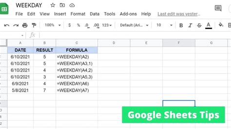 Google Sheets WEEKDAY Function Example