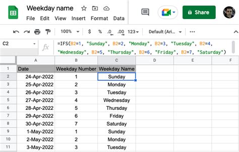 Google Sheets Weekday Names Example 1