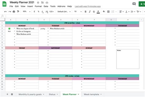 Google Sheets Weekly Planner Template for Marketing