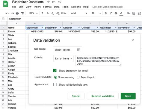 Google Spreadsheet data validation