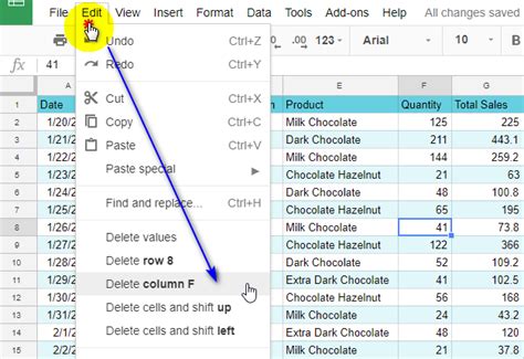 Google Spreadsheet delete data option