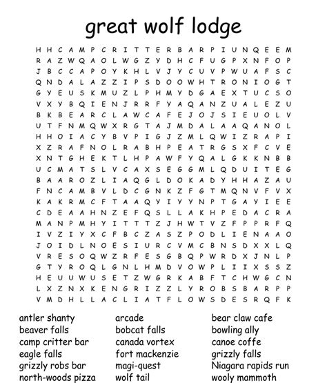 Great Wolf Lodge word search printables for kids