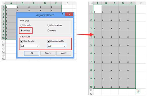 Setting the grid size in Excel