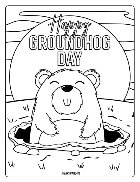 A cute groundhog coloring page with a sunny scene