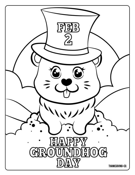 A happy groundhog coloring page with a sunny scene