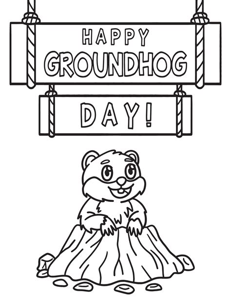 A cute groundhog coloring page with a winter scene