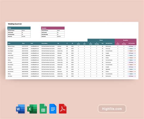 Guest List Template Google Docs Excel