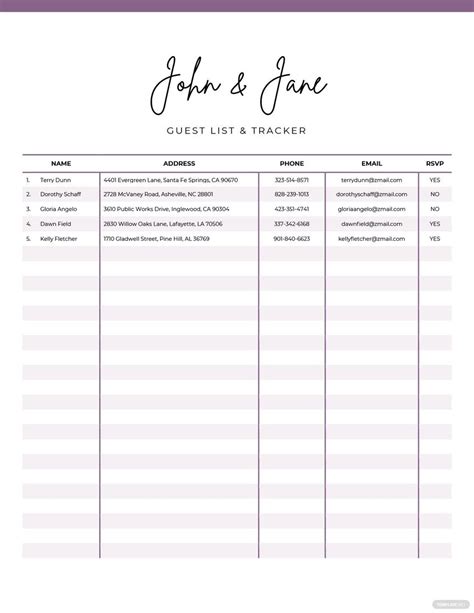 Guest List Template Google Docs PDF