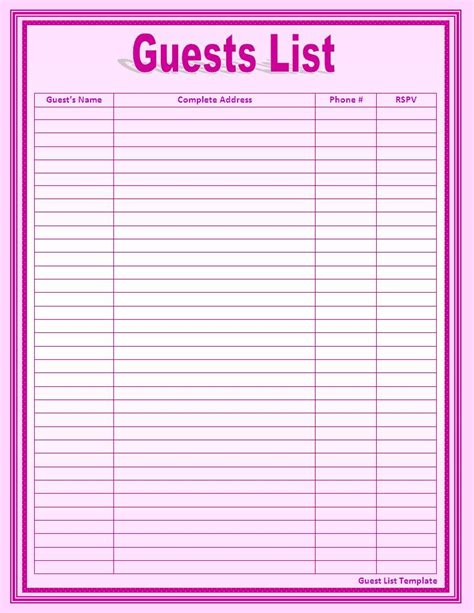 Guest List Template Word