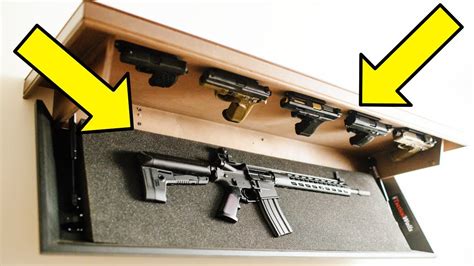 A gun storage cabinet with labeled firearms