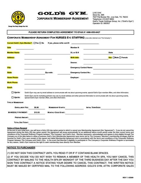 Gym Membership Form Template Blank