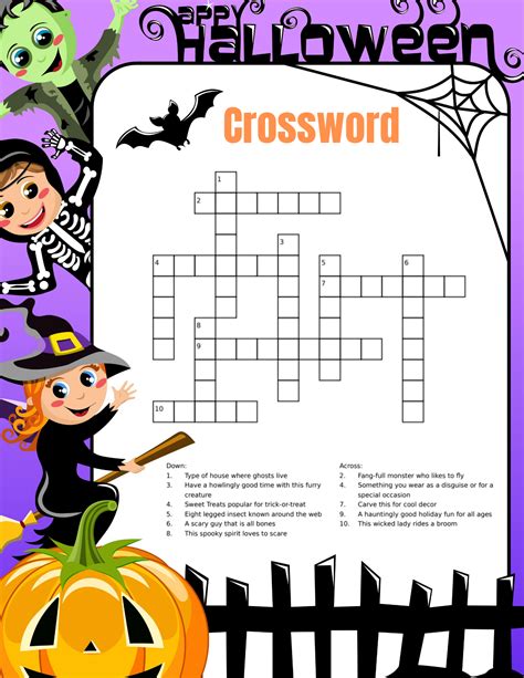 Halloween crossword printable for kids with a bat and cat