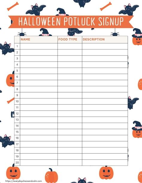 Halloween Potluck Sign-up Sheet Template Ideas