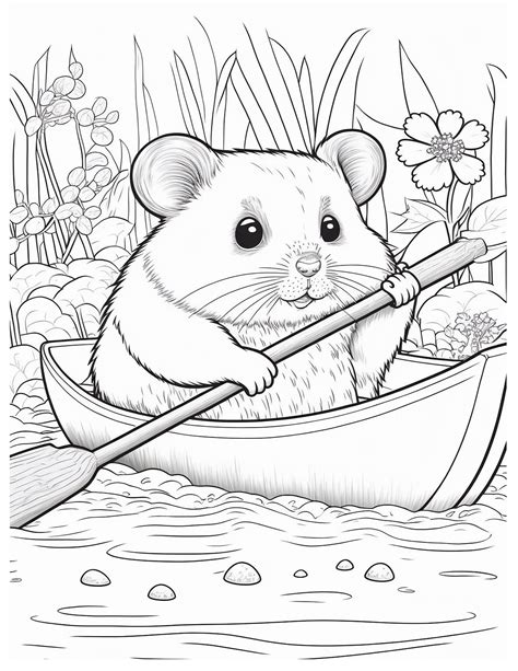 A cute hamster coloring page with various toys and accessories