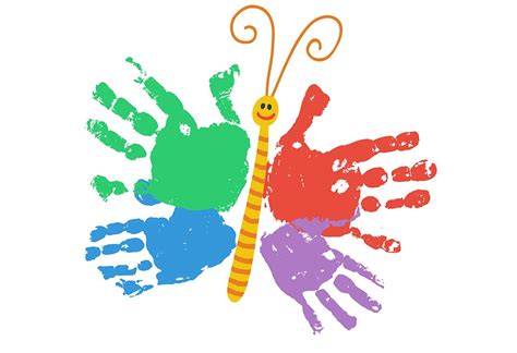 A handprint art template featuring a colorful butterfly