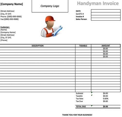 Handyman Invoice Template Microsoft Word