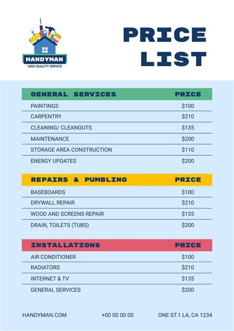 Handyman price list template Word