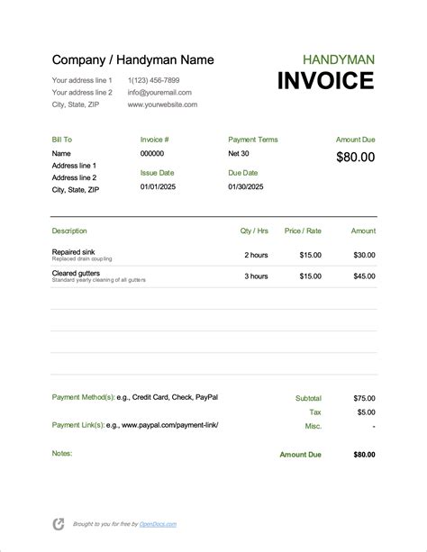 Handyman Receipt Template Excel