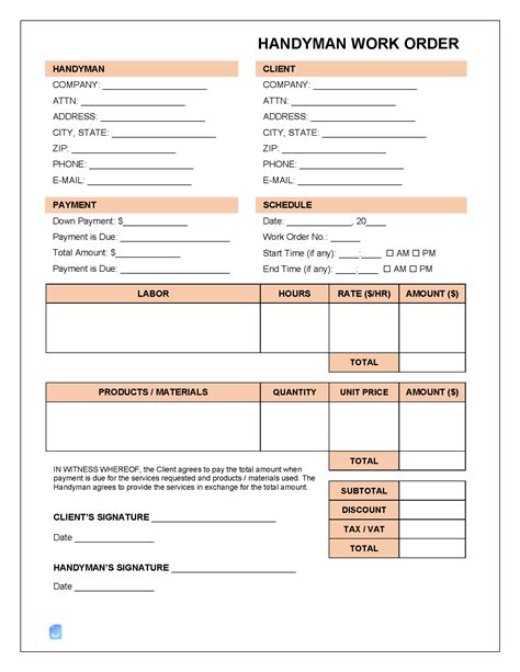 Handyman Work Order Template