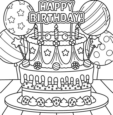 Happy birthday coloring page with cake