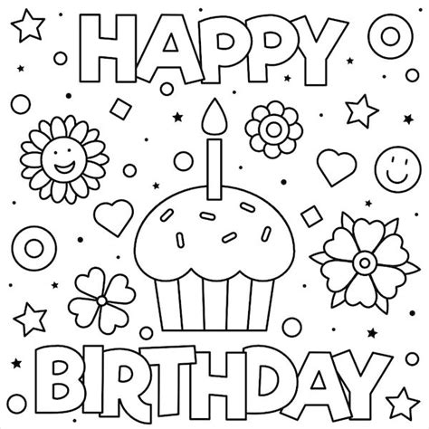 A happy birthday coloring card for kids with balloons and cake