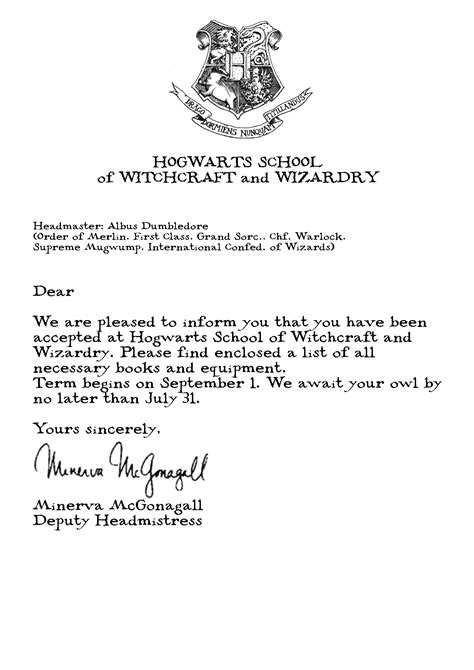 Harry Potter Acceptance Letter Template