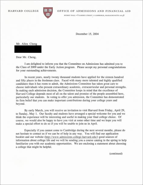 Harvard Acceptance Letter Template Example 1