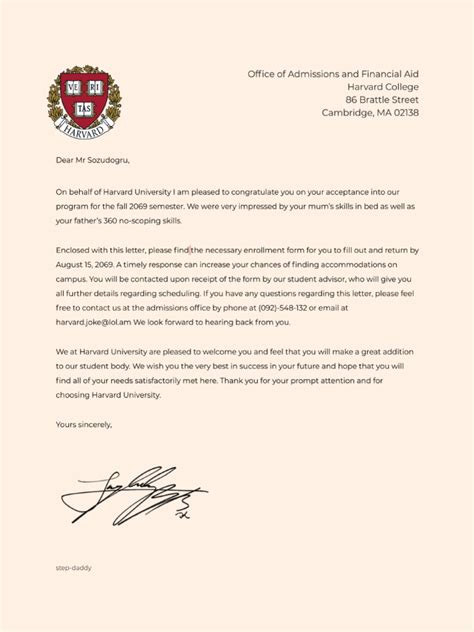 Harvard Acceptance Letter Template Example