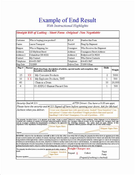 A screenshot of a hazmat Bill of Lading template