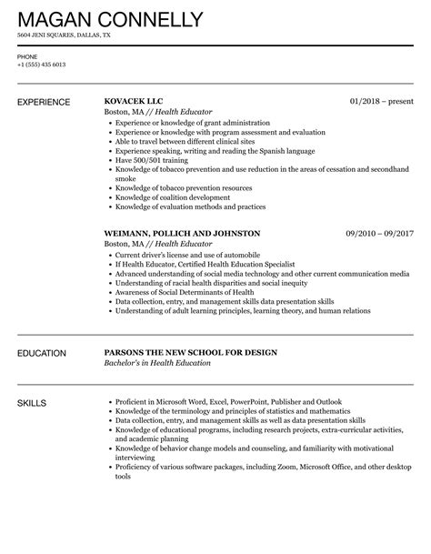 Health Educator Resume Example