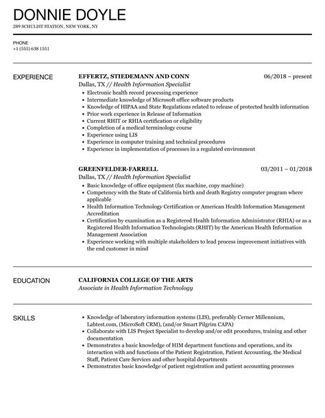 Health Informatics Specialist Resume Example