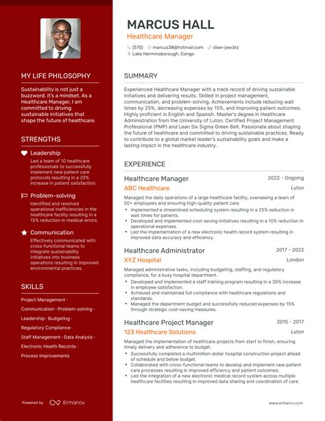 Healthcare manager resume template