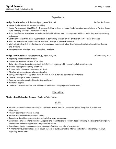 Hedge Fund Resume