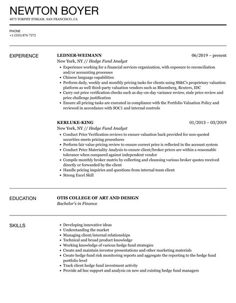 Hedge Fund Resume Template Example 1