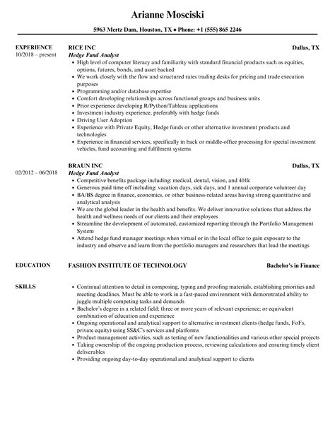 Hedge Fund Resume Template Example 9