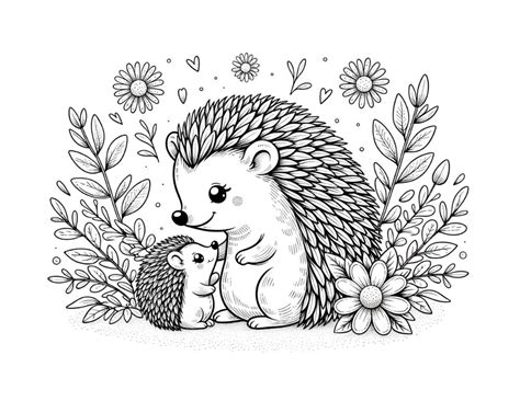 Hedgehog coloring page with a happy hedgehog and flowers