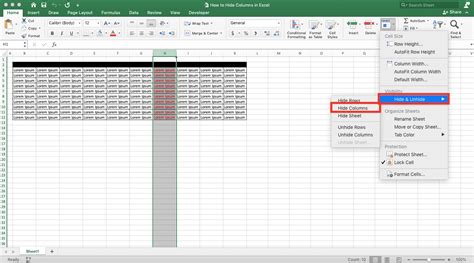 Hiding columns in Excel using the mouse