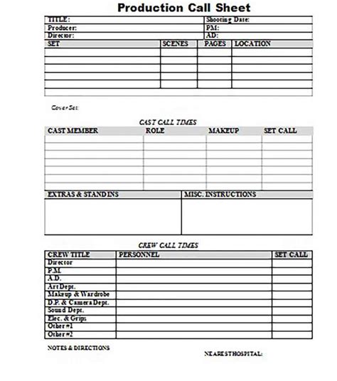 High End Commercial Production Call Sheet