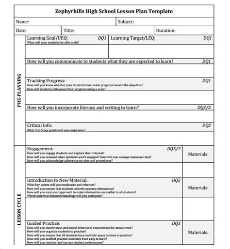 High School Lesson Plan Template Example