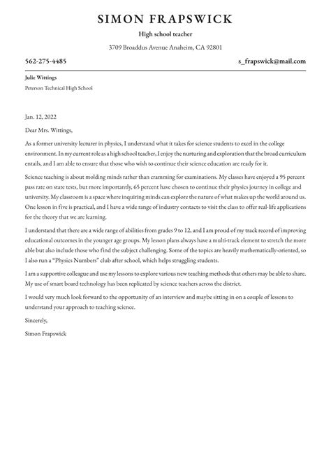 A sample high school teacher cover letter