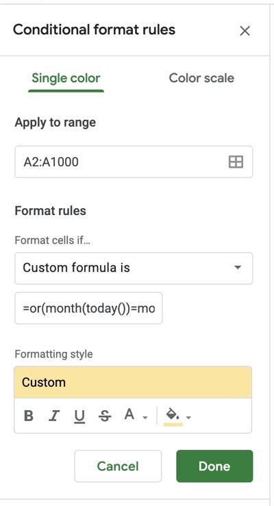 Highlight Current Month in Google Sheets