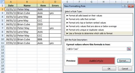 Highlight Row Conditional Formatting Example