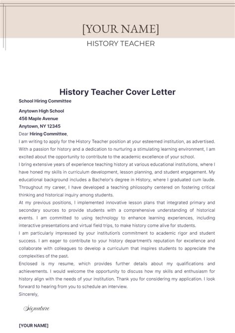 History Teacher Cover Letter Template