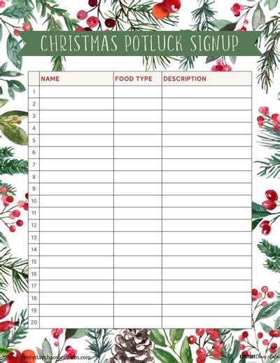 Holiday Potluck Sign-Up Sheet Templates