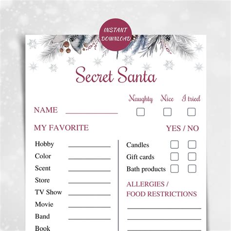 Holiday-Themed Secret Santa List Printable